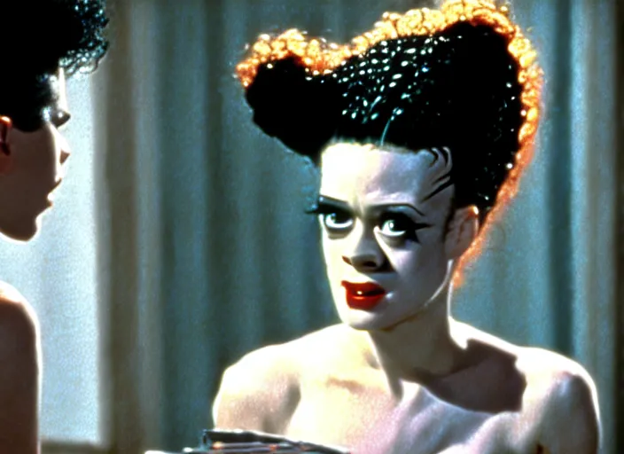 Image similar to bride of frankenstein as a teen, still from john hughes movie sixteen candles