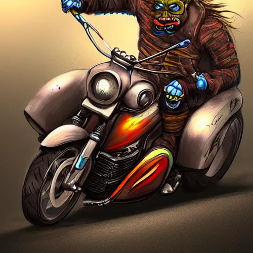 Prompt: colorful airbrush artwork, motorcycle, stylized action shot of an orc biker riding a motorcycle, drifting, skidding, wheelie, clear focused details, soft airbrushed artwork, black background, cgsociety, artstation