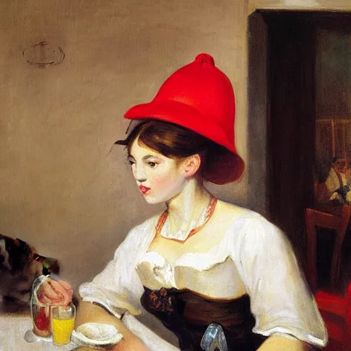 Image similar to fancy cow with a red hat on her head sitting in front of a parisian coffee shop drinking coffee, eugène delacroix painting, 4k, realistic,