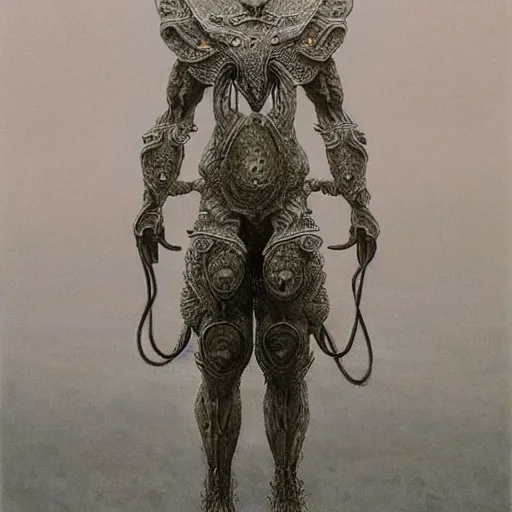 Prompt: final boss. wearing intricate breastplate. full body dynamic pose. by Zdzisław Beksiński