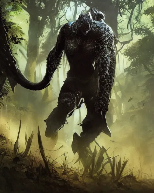 Image similar to Panther warrior in armor sneaking in jungle, portrait, magic the gathering artwork, D&D, fantasy, cinematic lighting, centered, symmetrical, highly detailed, digital painting, artstation, concept art, smooth, sharp focus, illustration, volumetric lighting, epic Composition, 8k, art by Akihiko Yoshida and Greg Rutkowski and Craig Mullins, oil painting, cgsociety