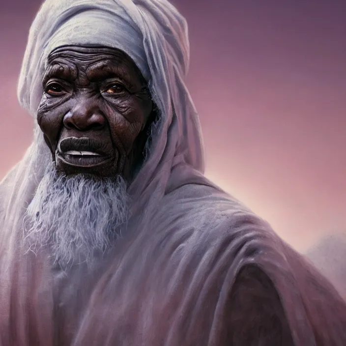 Image similar to a painting of a wise elder from Africa . dramatic angle, ethereal lights, details, smooth, sharp focus, illustration, realistic, cinematic, artstation, award winning, rgb , unreal engine, octane render, cinematic light, macro, depth of field, blur, red light and clouds from the back, highly detailed epic cinematic concept art CG render made in Maya, Blender and Photoshop, octane render, excellent composition, dynamic dramatic cinematic lighting, aesthetic, very inspirational, arthouse.