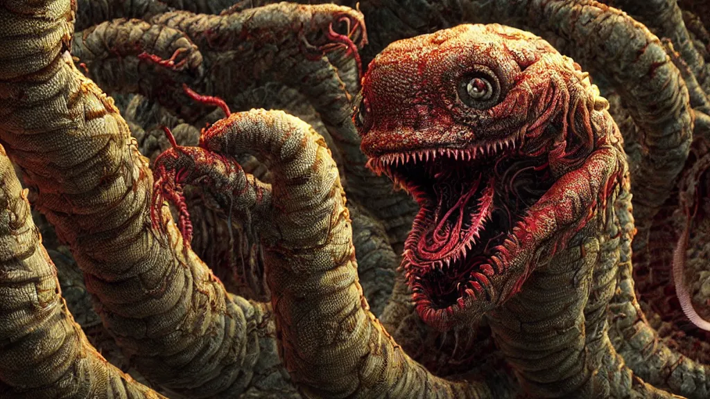 Image similar to screaming worm monster, maximalist, high detail, 8k, ornate, dark fantasy, realistic, masterpiece, complex, WLOP, film still from the movie directed by Denis Villeneuve with art direction