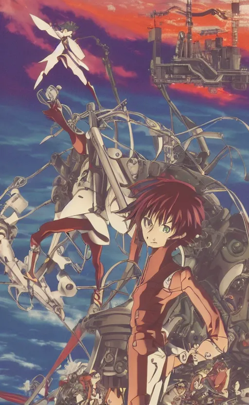 Image similar to < evangelion unit - 0 3 > stands in the ocean with a big < steampunk guitar >, movie poster,, 3 d anime, arcane style, retropunk, high resolution, 4 k, retrofuturism, by < yoshiyuki sadamoto > and ghibli