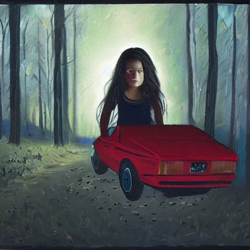 Prompt: A masterpiece oil painting of a girl trapped in a car in the dark woods, the only light visible is the light from the car