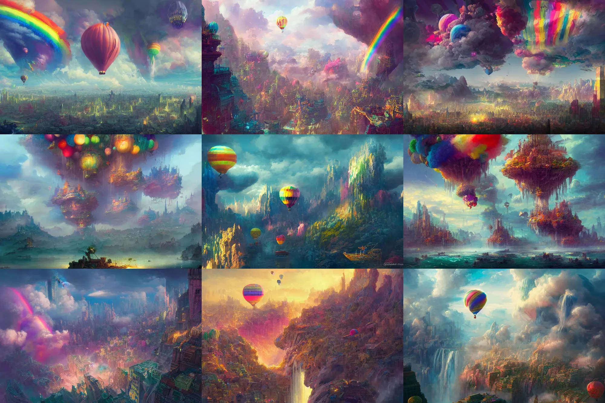 Prompt: city ​​in the clouds, stempunk, flying ships, balloons, waterfall, many colors, colorful, all colors of the rainbow, highly saturated colors, epic fantasy, Nicodemus Yang-Mattisson, greg rutkowski, Dan Mumford, Peter Mohrbacher, trending on artstation, concept art