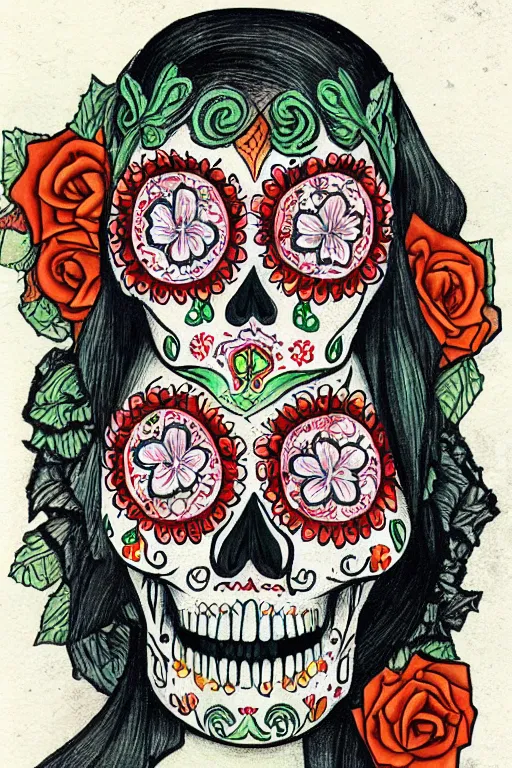 Prompt: illustration of a sugar skull day of the dead girl, art by diego rivera