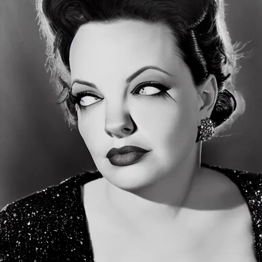 Prompt: a photographic portrait of a hybrid of judy garland and lisa minelli and angelina jolie, close up