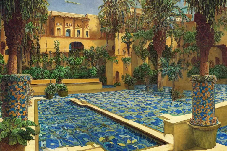 Image similar to painting of a beautiful moorish palace courtyard garden, by arkady rylov and maxfield parrish, patterned tilework, palm trees, tiled fountains, extremely detailed, cinematic lighting, smooth sharp focus