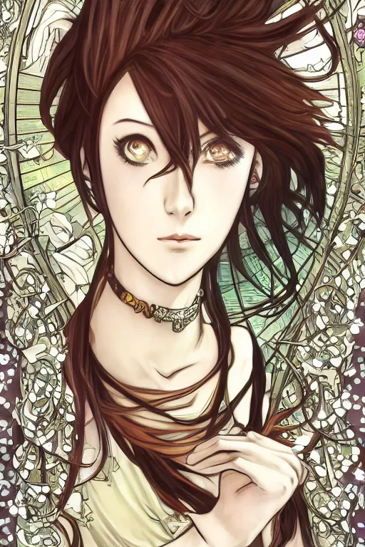 Image similar to Stylish Kurisu Makise tonemapped in the style of Ayami Kojima and Alphonse Mucha