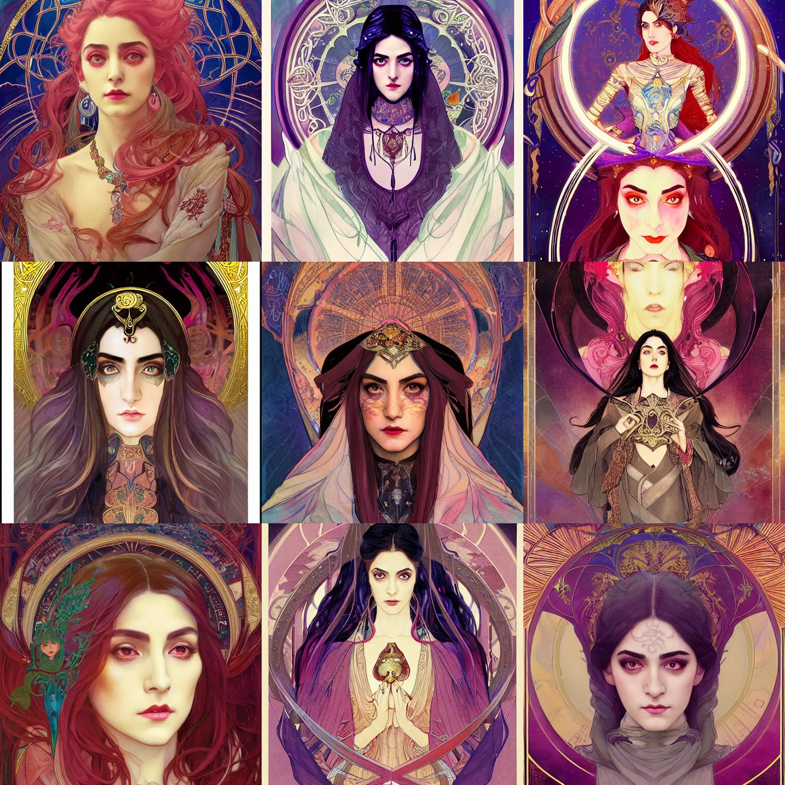 Prompt: masterpiece head-on symmetrical centered painted portrait, Maya Ali as D&D sorcerer, gouache Art Nouveau artwork, wearing wizard robes, elegant, tarot card background, in the style of ROSSDRAWS and Ruan Jia and Ross Tran and Alphonse Mucha and Ayami Kojima and Charlie Bowater and Karol Bak and Jean Delville, rich bright colours