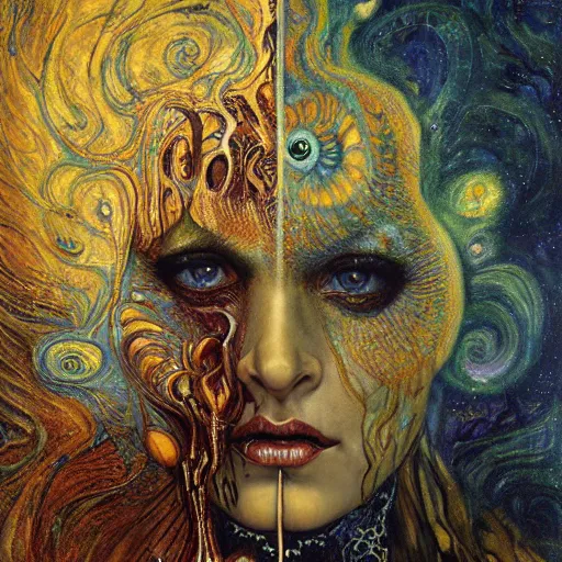 Image similar to Visions of Hell by Karol Bak, Jean Deville, Gustav Klimt, and Vincent Van Gogh, nightmare portrait, infernal, visionary, otherworldly, fractal structures, ornate gilded medieval icon, third eye, hellfire, spirals, cosmic horror