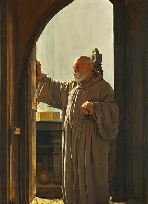 Prompt: a realistic old man in robes holding a book standing in front of an elaborate ancient wooden door, beautiful colourful fantasy rendering, Agnolo Bronzino, Simon Stälenhag, N.C. Wyeth