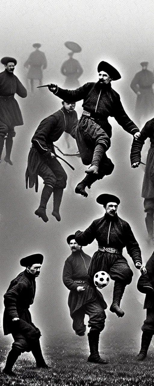 Image similar to ukrainian cossacks play football in london, early 2 0 th century, rain, realistic, hyper detail, dynamic, in john baeder style, many details, super realistic, high quality, 8 k