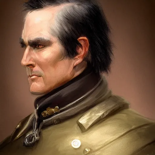 Prompt: a clean shaven confederate general with puffy black sideburns short black hair and a square face, an english man, dnd character art, painting by artgerm and ed binkley, HDR color