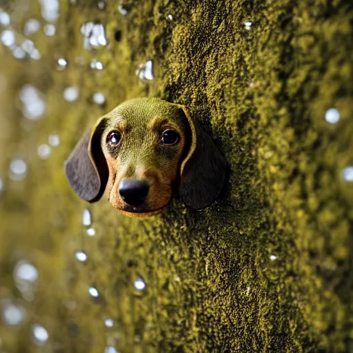 Image similar to rock wall covered with moss. dew droplets forming the shape of a dachshund. macro photography