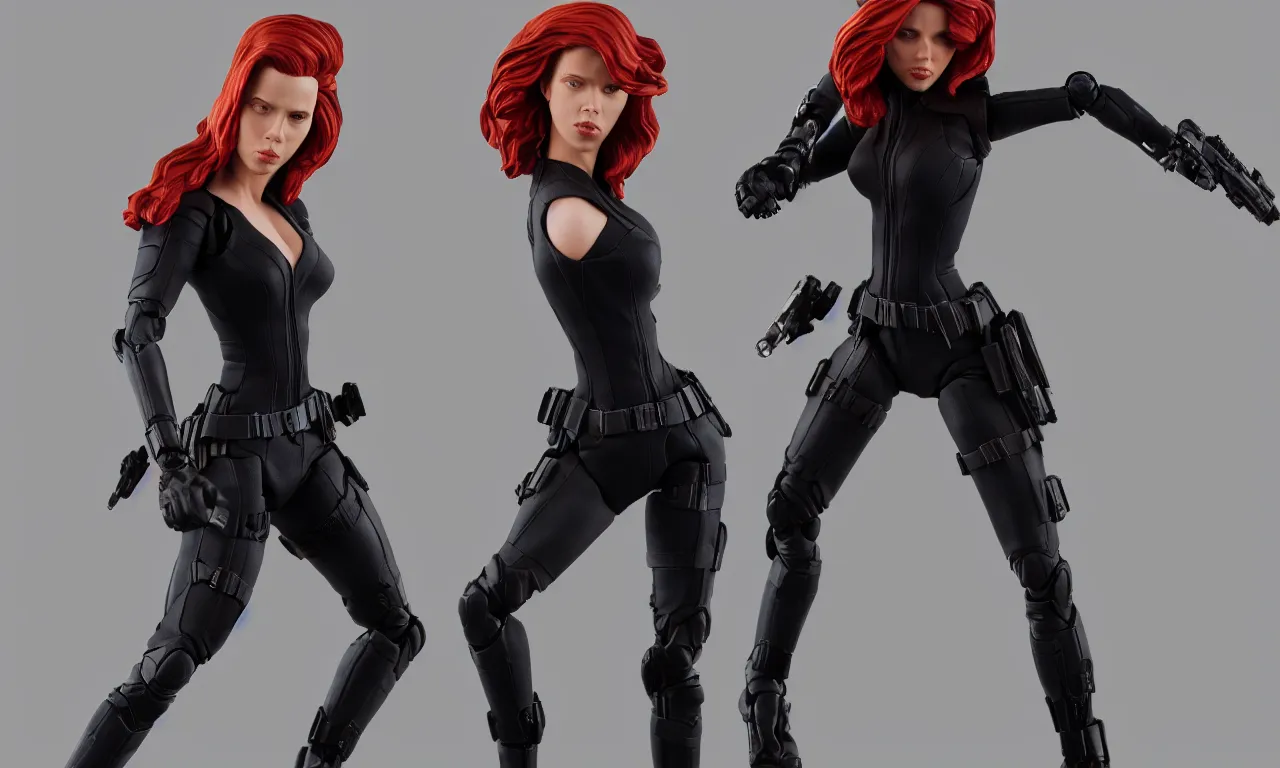 Prompt: action figure of Black Widow Scarlett Johansson in a dynamic pose, full subject in frame, deep color, low key lighting, cinematic lighting, artstation trending,