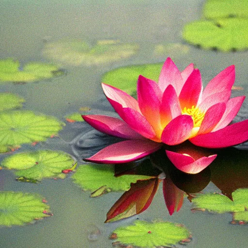 Prompt: 35mm photograph, kodachrome 160, beautiful Baroque rococo detailed Canon DSLR from 1800s, lotus blossom reflected in still water, bokeh,