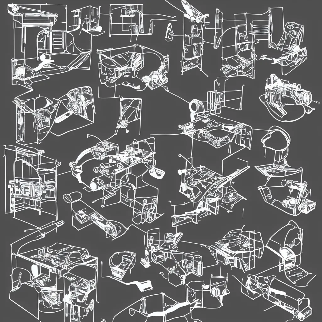 Prompt: detailed step by step guide, ikea manual illustration, black lines, white background, how to assemble a space ship