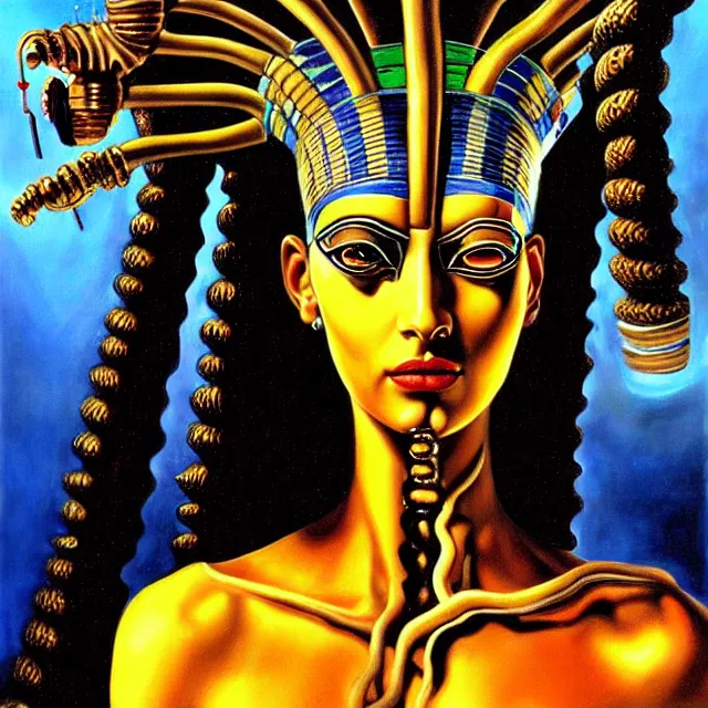 Image similar to a beautiful painting cyberpunk robot queen of egypt medusa face, by salvador dali realistic oil painting