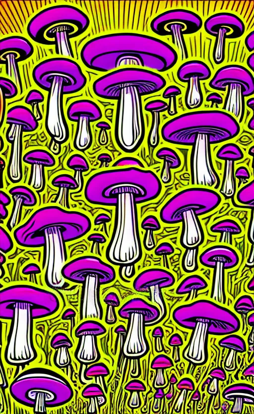 Image similar to psychedelic mushrooms wide angle shot, white background, vector art, illustration by frank frazetta