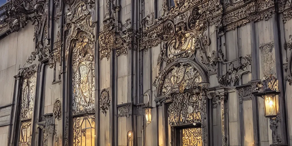 Image similar to extremely detailed ornate stunning sophisticated beautiful elegant victorian museum exterior by Henry Young Darracott Scott and Francis Fowke, stunning volumetric light, stainless steal, concrete, translucent material, beautiful sunset, tail lights