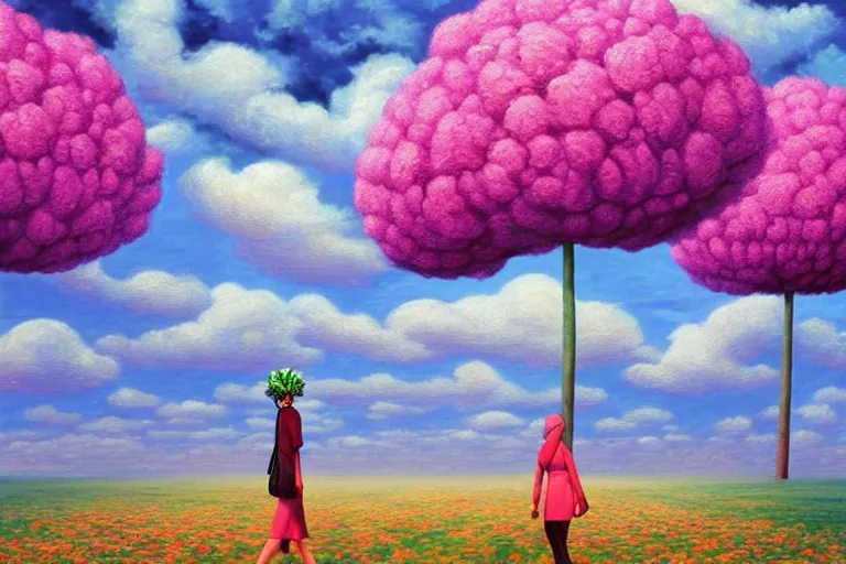 Image similar to giant flower head, woman walking, surreal, clouds in sky, impressionist painting, digital painting, artstation, rob gonsalves