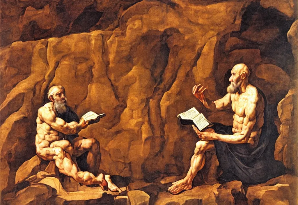 Image similar to saint jerome in the cave translating the bible into vulgate oil painting in the style of michelangelo