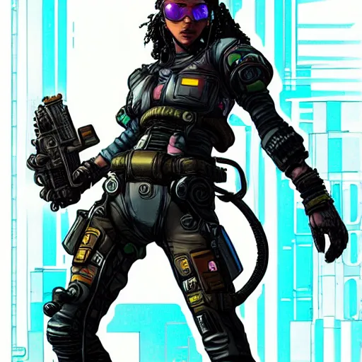 Image similar to Sonya. Apex legends cyberpunk feminist hacker. Concept art by James Gurney and Mœbius.