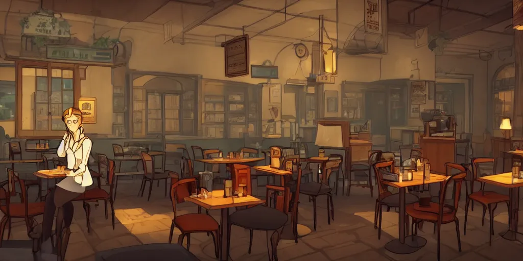 Prompt: a quiet cafe early in the morning in the style of Broken Sword: 2