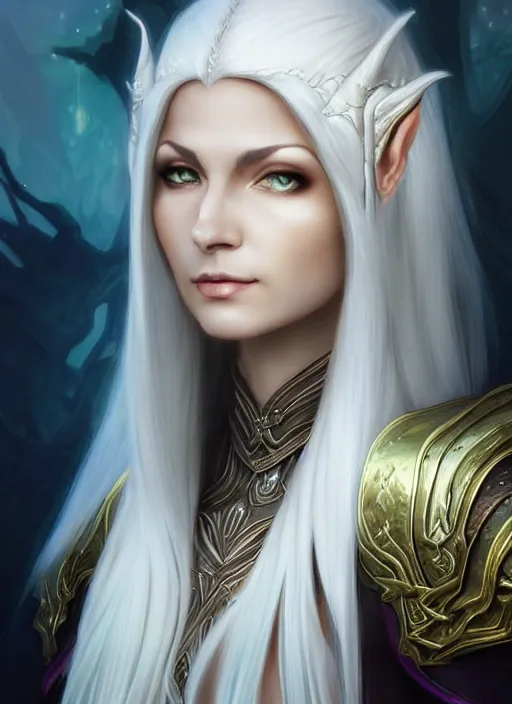 Prompt: portrait of a female elven mage as a diablo 3 character, looking at camera, D&D, white leather dress, long platinum hair, intricate, elegant, stylish, cute smile, fantasy, extremely detailed, digital painting, artstation, concept art, smooth, sharp focus, illustration, ambient lighting, art by artgerm and greg rutkowski and alphonse mucha and simon stalenhag