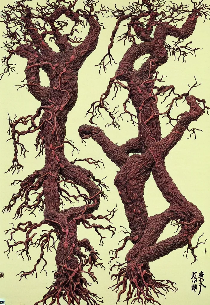 Image similar to prompt: anatomy dissection drawing veins and organs tree character drawn by Takato Yamamoto, bonsai anatomy atlas, veins and organs attached to tree roots, alchemical objects inspired by 1980's sci-ci, old experimentation cabinet, intricate oil painting detail, manga 1980