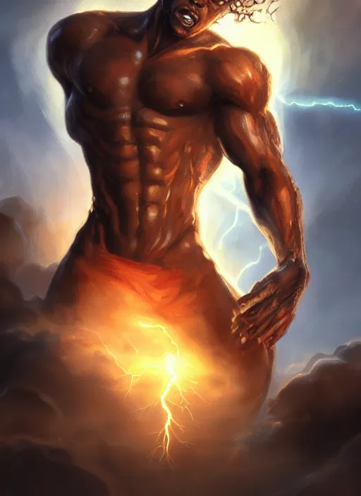 Image similar to a highly detailed illustration of short curly haired fade african god of lightning, evil summoning lightning from hands pose, moonlit clouds background, muscular, intricate, elegant, highly detailed, centered, digital painting, artstation, concept art, smooth, sharp focus, league of legends concept art, WLOP