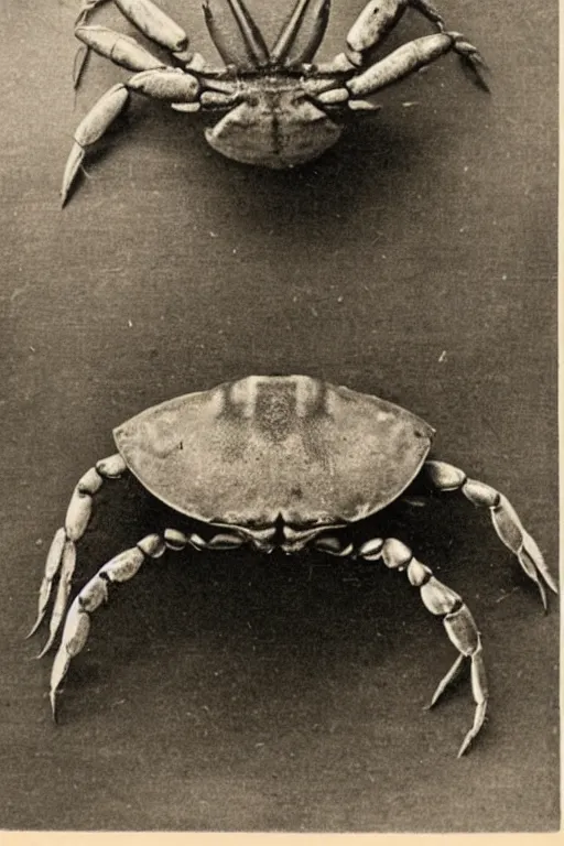 Image similar to a vintage photo of a creature that has the head of a man but the body of a crab