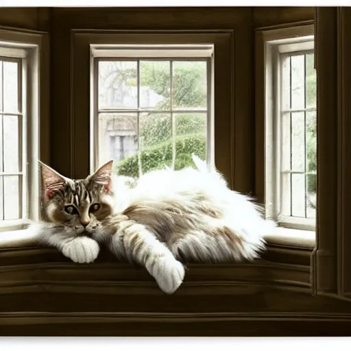 Image similar to cream color maine coon cat curled up, bay window sofa, by Antoine Blanchard