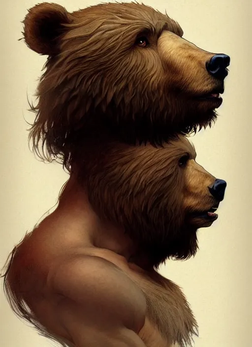 Prompt: Portrait of a hairy man with a bear's head, muscular, intricate, elegant, highly detailed, digital painting, artstation, concept art, smooth, sharp focus, illustration, art by artgerm and greg rutkowski and alphonse mucha
