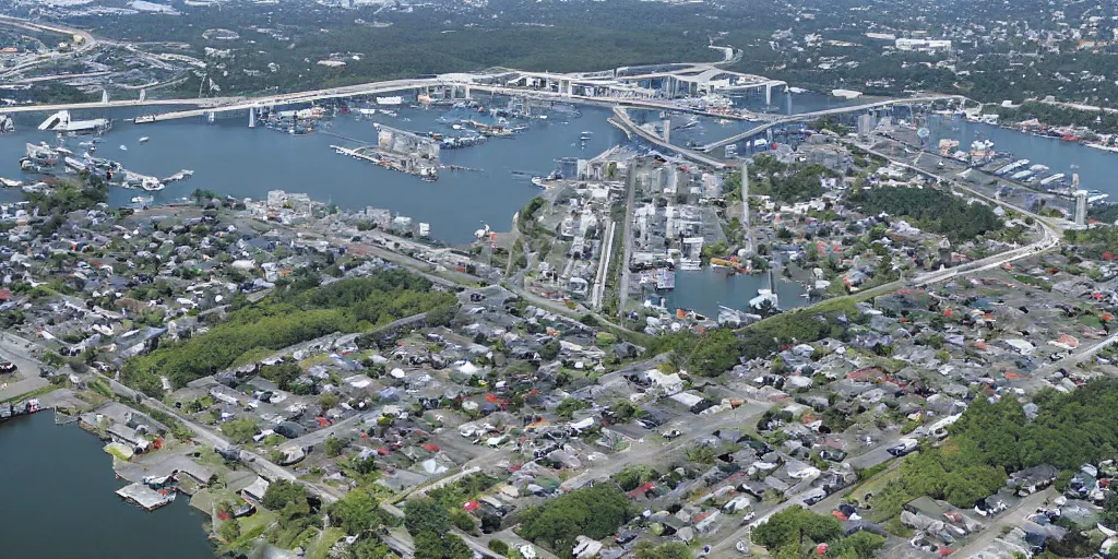 Image similar to bird's eye view photo of a low - rise city, with small woods and hills in the north with trailer park. in the south are buildings, a highway, inlet shipping dock area, and monorail station.