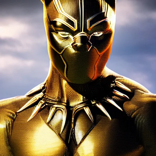 Prompt: a close up shot of a golden statue of black panther, detailed, 8K, epic,