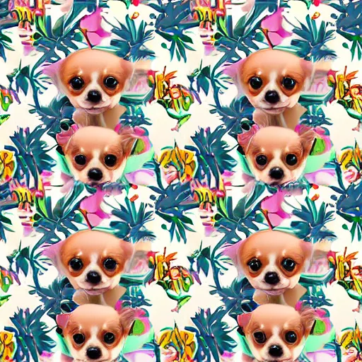 Image similar to small chihuahua puppies with beautiful and tropical clothes, digital art