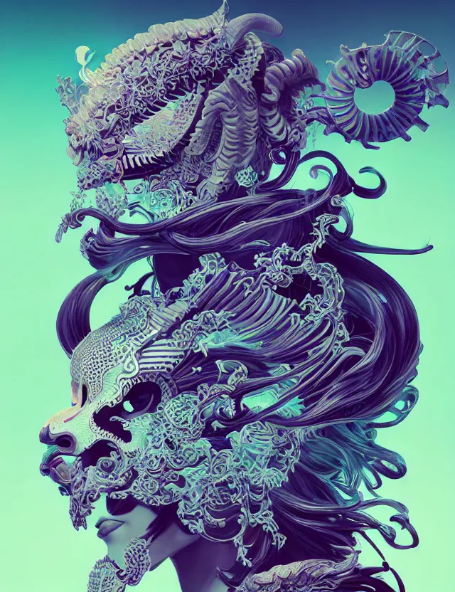 Image similar to 3 d goddess close - up frontal portrait with ram skull. beautiful intricately detailed japanese crow kitsune mask and clasical japanese kimono. betta fish, jellyfish phoenix, bio luminescent, plasma, ice, water, wind, creature, artwork by tooth wu and wlop and beeple and greg rutkowski