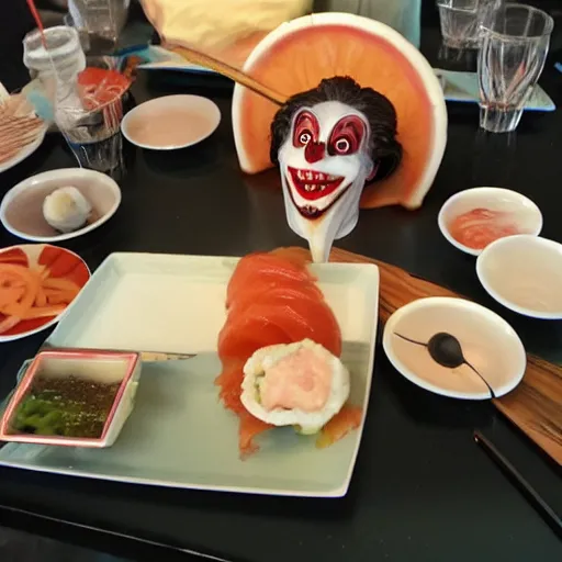 Image similar to vampire clown spins sushi at the table