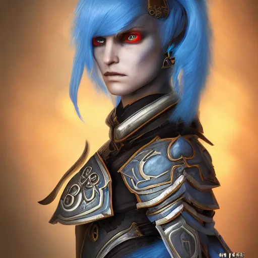 Prompt: character game art portrait of a angry female warrior in full plate armour inspired by world of warcraft and diablo, long blue hair, eye scar, earrings, highly detailed, trending on artstation, 4k, octane render, unreal engine,