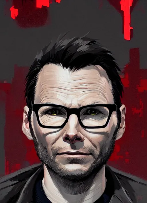 Prompt: highly detailed portrait of 2 0 1 8 christian slater, cap, grey beard, glasses, grey jacket, by atey ghailan, by greg rutkowski, by greg tocchini, by james gilleard, by joe fenton, by kaethe butcher, gradient red, black and white color scheme, grunge aesthetic!!! ( ( graffiti tag wall background ) )