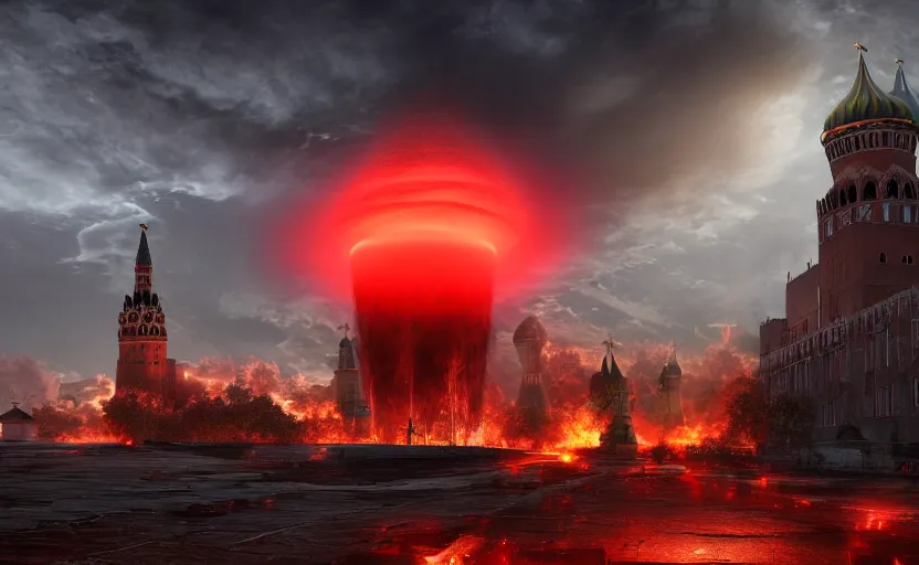 Image similar to ultra realistic picture of a big nuclear explosion with realistic nuclear mushroom in Red Square Kremlin, epic lighting, dark atmosphere, clouds, cinematic, extremely high detail, photo realistic, cinematic lighting, post processed, artstation, matte painting, unreal engine 5, 8k