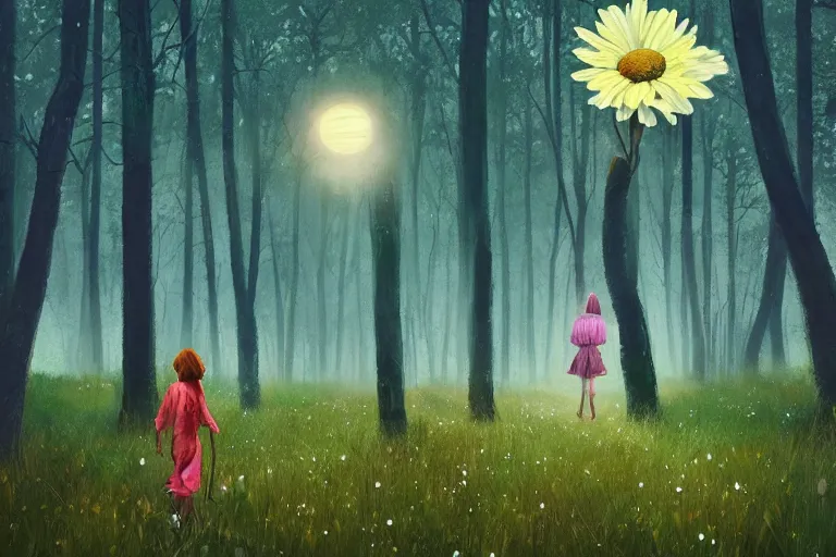 Image similar to giant daisy flower as face, girl walking in forest, surreal photography, dark night, stars, moon light, impressionist painting, clouds, digital painting, artstation, simon stalenhag