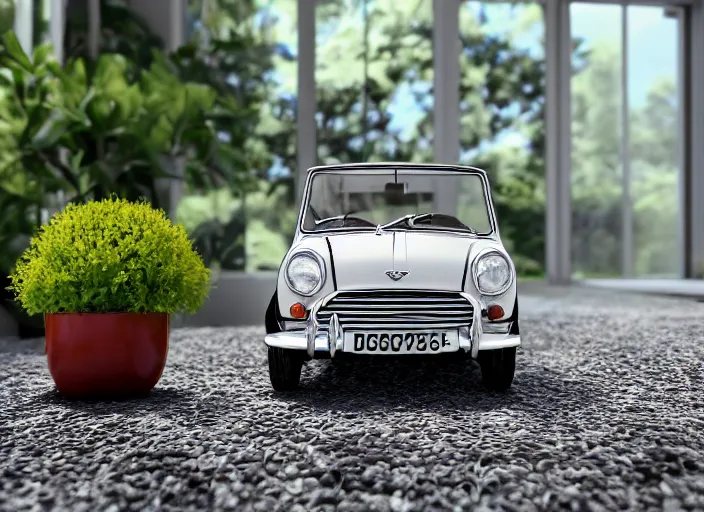 Image similar to a small miniature of a Mini Cooper S 1963 on a white table near a vase with a plant, 3d render, octane render, unreal engine 5, path tracing, serene landscape, calm, relaxing, beautiful landscape, highly detailed, high quality, 4k, symmetrical, low contrast, product photo