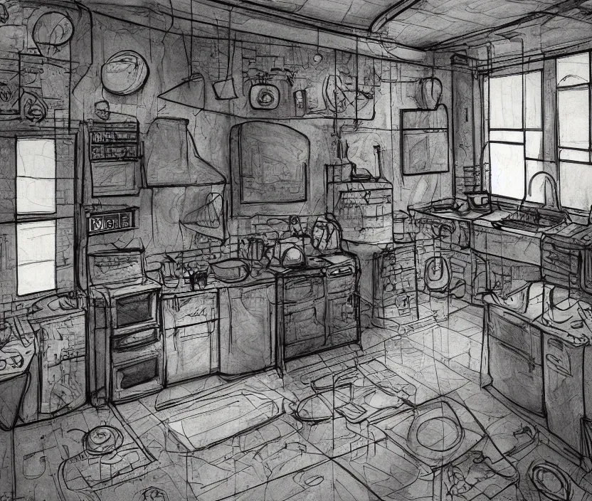 Image similar to An of interior of a kitchen at night, rotoscoped, rotoscope, photoshop, photomanipulation, realism, painting, illustration and sketch, weird scribbles, hybrid styles, hybrid art styles, mismatched, trending on artstation, trending on deviantart, weird, quirky, interesting, very detailed, highly detailed, HD Quality, 4k resolution, 8k resolution, in the style of David Firth, in the style of James Lee, in the style of Drue Langlois,