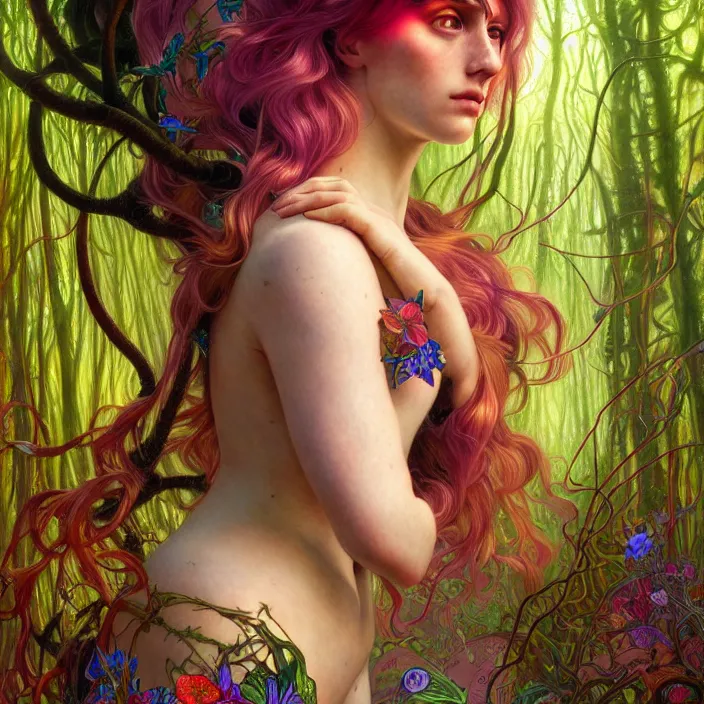 Image similar to bright psychedelic portrait of genius organic cyborg in an ancient forest, diffuse lighting, fantasy, intricate, elegant, highly detailed, lifelike, photorealistic, digital painting, artstation, illustration, concept art, smooth, sharp focus, art by John Collier and Albert Aublet and Krenz Cushart and Artem Demura and Alphonse Mucha