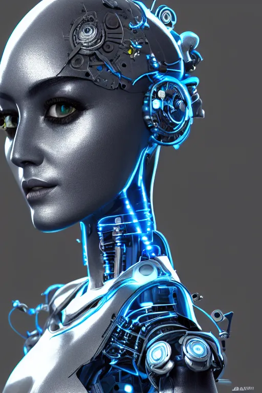 Prompt: close up headshot of a female android, intricately detailed mechanical parts, complicated circuits and wires, beautiful gazing symmetric blues eyes, unreal engine, path tracing, 8k, artstation