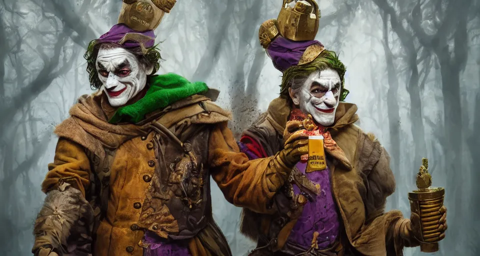 Prompt: robert de niro as medieval joker, crazy colorful clothing with a heavy golden mace in his left hand and a beer jug in his right hand, full body portrait with high detailled face, symmetrical face, intricate details, wandering through a forbidden forest, trending on artstation, 8k hyperrealistic, style of peter mohrbacher, octane render, unreal engine
